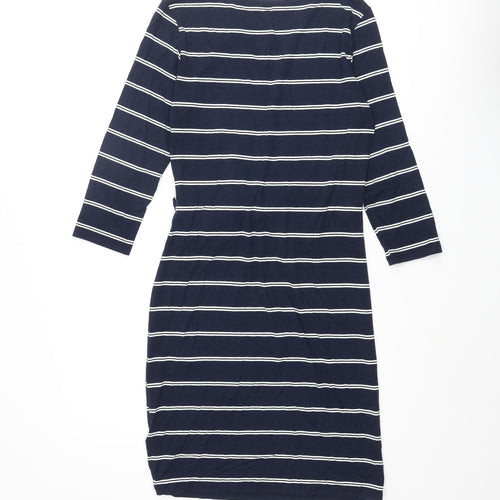 Marks and Spencer Womens Blue Striped Viscose Pencil Dress Size 10 Round Neck Pullover - Knot Detail