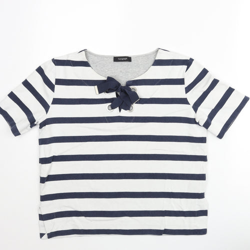 Autograph Womens Blue Striped Cotton Basic Blouse Size 10 Round Neck - Bow