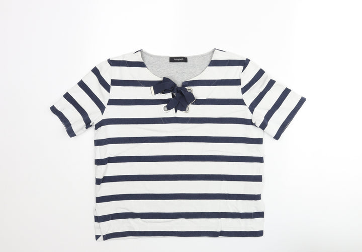 Autograph Womens Blue Striped Cotton Basic Blouse Size 10 Round Neck - Bow