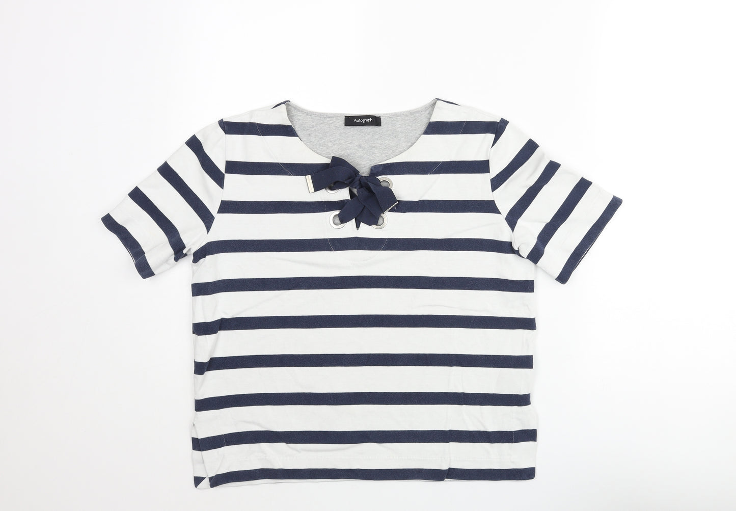 Autograph Womens Blue Striped Cotton Basic Blouse Size 10 Round Neck - Bow