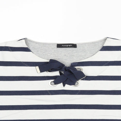 Autograph Womens Blue Striped Cotton Basic Blouse Size 10 Round Neck - Bow