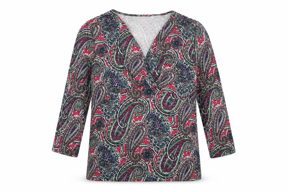 Front view of Tablots women’s multicoloured paisley viscose basic blouse, size S, v-neck