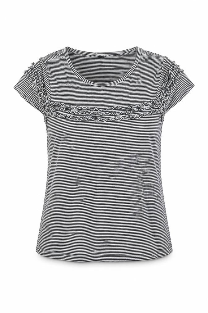 Front view of Marks & Spencer women’s black striped cotton basic blouse, size UK 14, round neck - frill