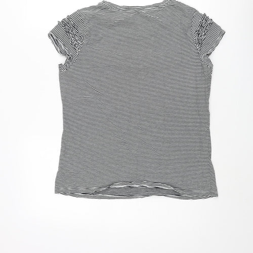 Marks and Spencer Womens Black Striped Cotton Basic Blouse Size 14 Round Neck - Frill