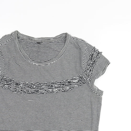 Marks and Spencer Womens Black Striped Cotton Basic Blouse Size 14 Round Neck - Frill