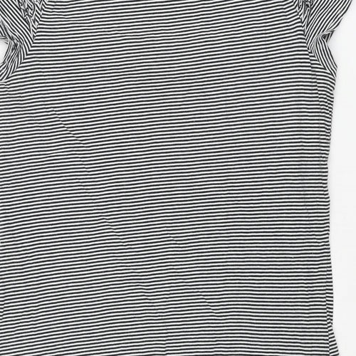 Marks and Spencer Womens Black Striped Cotton Basic Blouse Size 14 Round Neck - Frill