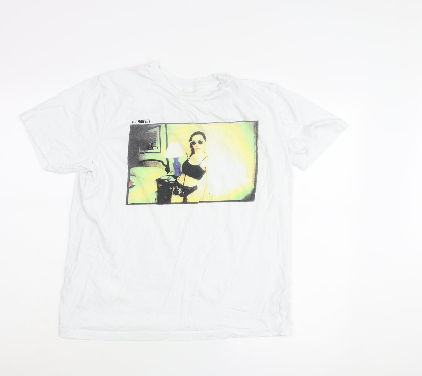 Earth Positive Womens White Cotton Basic T-Shirt Size M Crew Neck - PJ Harvey Print