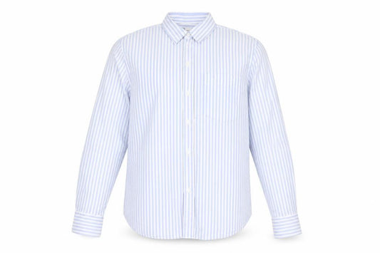 Front view of Gap men’s blue striped cotton button-up, size M, collared button