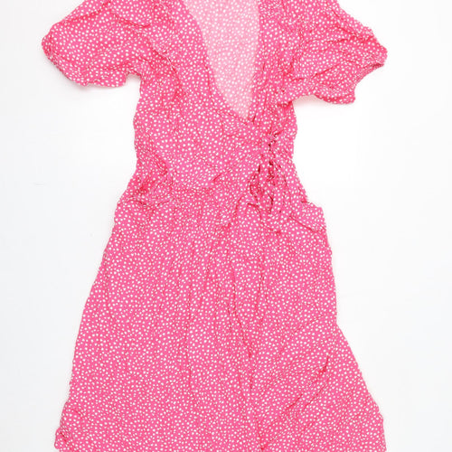Marks and Spencer Womens Pink Geometric Viscose Wrap Dress Size 18 V-Neck Tie - Hearts