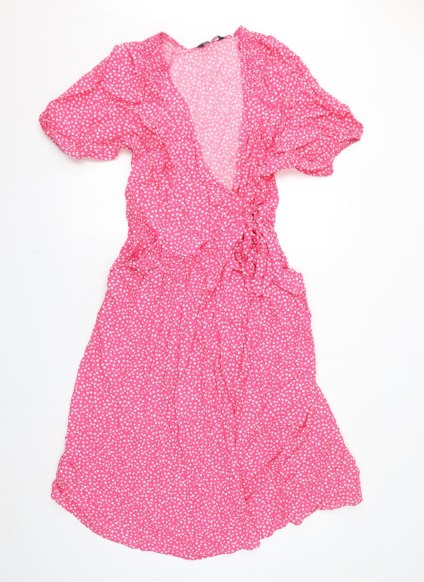 Marks and Spencer Womens Pink Geometric Viscose Wrap Dress Size 18 V-Neck Tie - Hearts