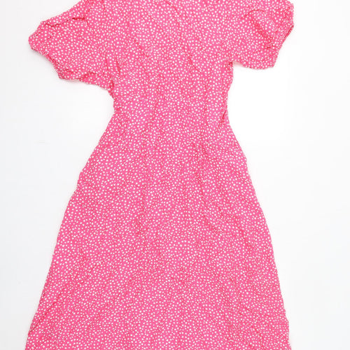 Marks and Spencer Womens Pink Geometric Viscose Wrap Dress Size 18 V-Neck Tie - Hearts