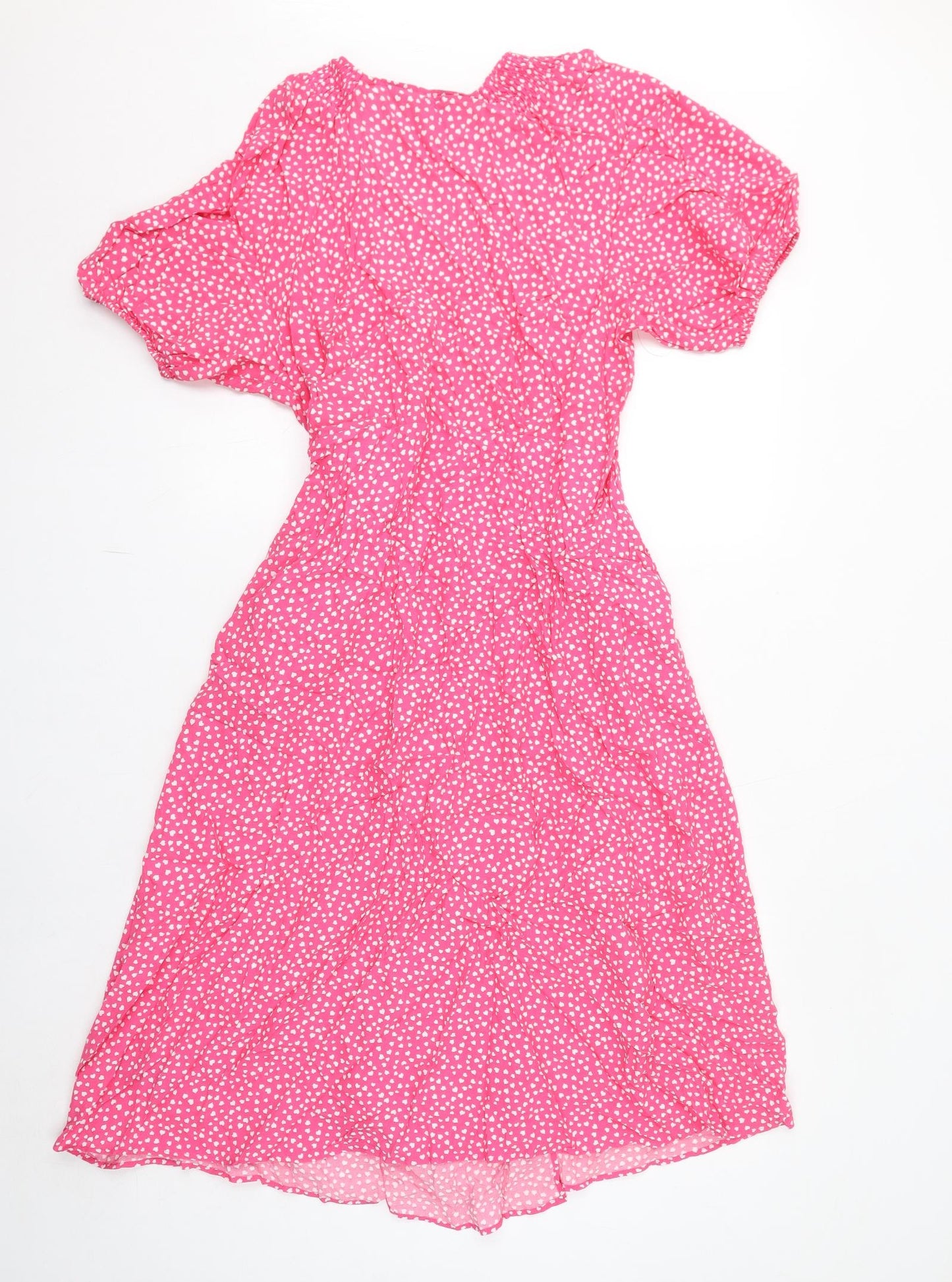 Marks and Spencer Womens Pink Geometric Viscose Wrap Dress Size 18 V-Neck Tie - Hearts