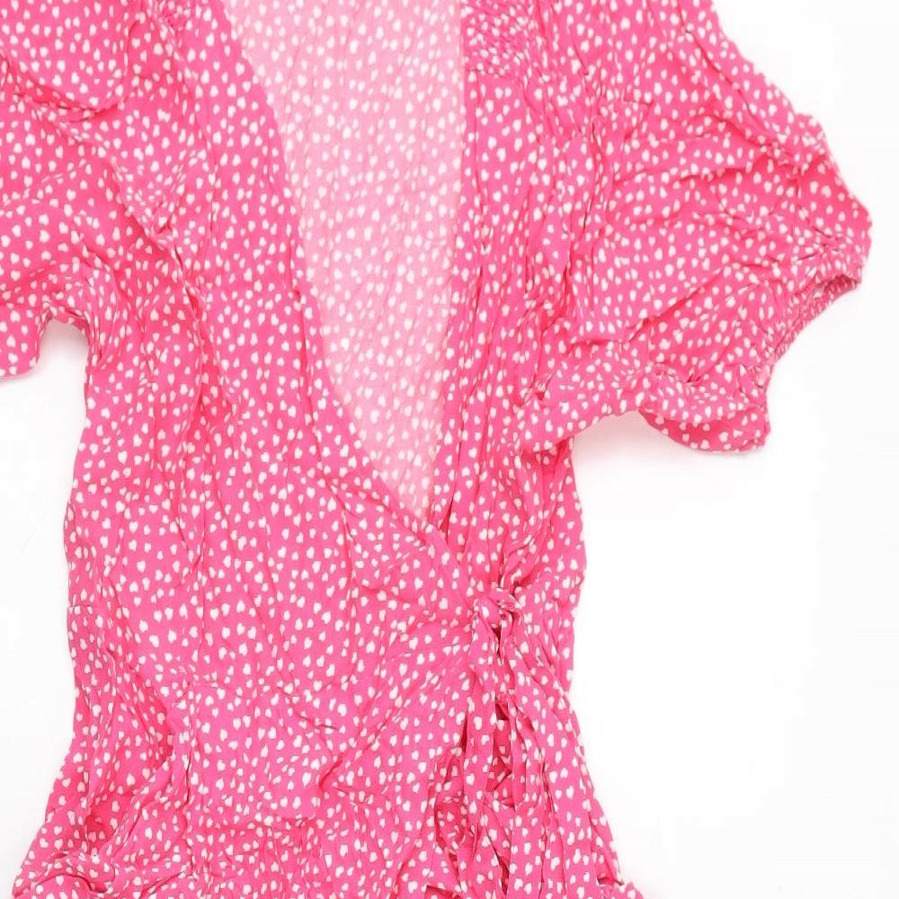 Marks and Spencer Womens Pink Geometric Viscose Wrap Dress Size 18 V-Neck Tie - Hearts