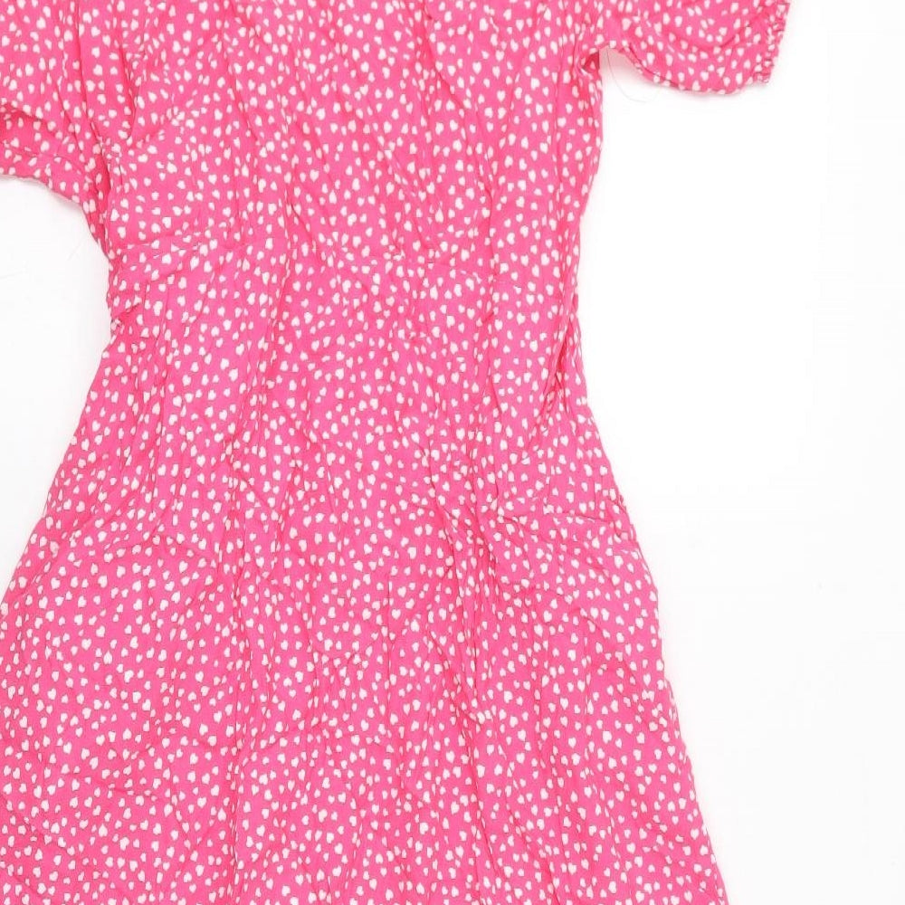 Marks and Spencer Womens Pink Geometric Viscose Wrap Dress Size 18 V-Neck Tie - Hearts