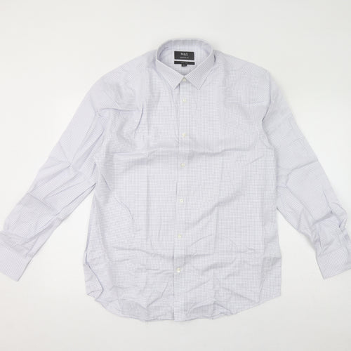 Marks and Spencer Mens White Check Cotton Dress Shirt Size M Collared Button