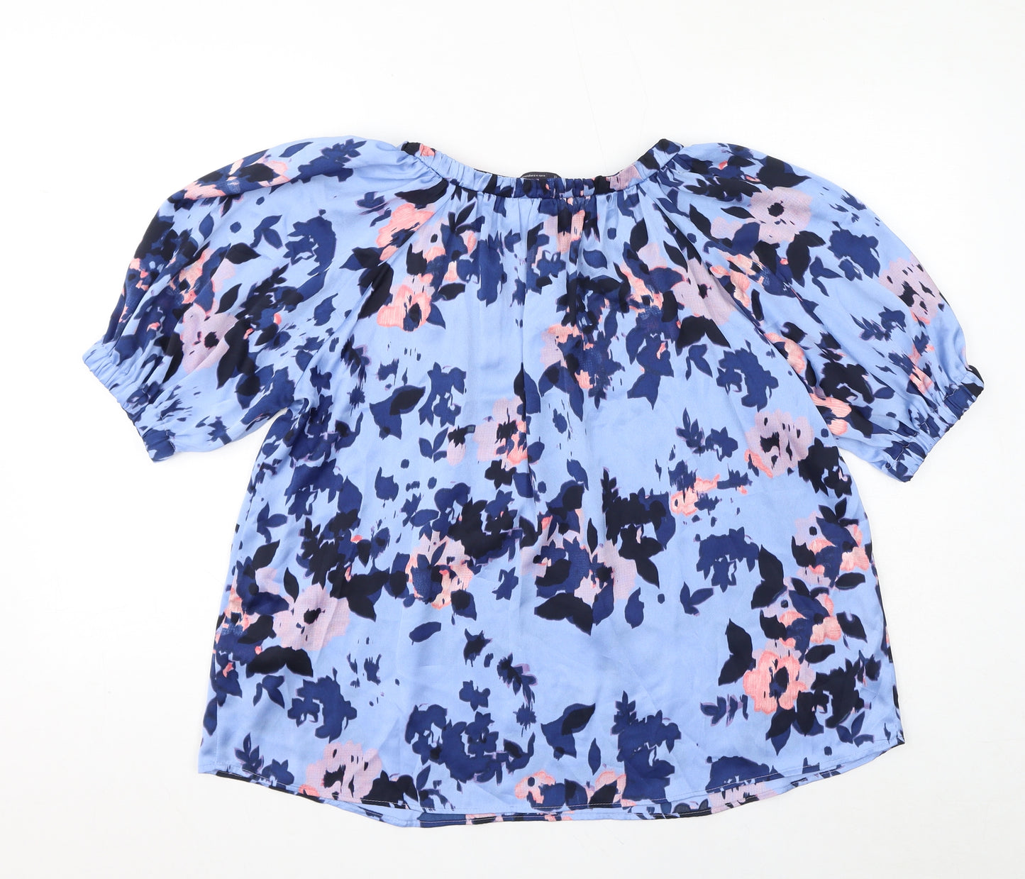 Marks and Spencer Womens Blue Floral Polyester Basic Blouse Size 12 Round Neck