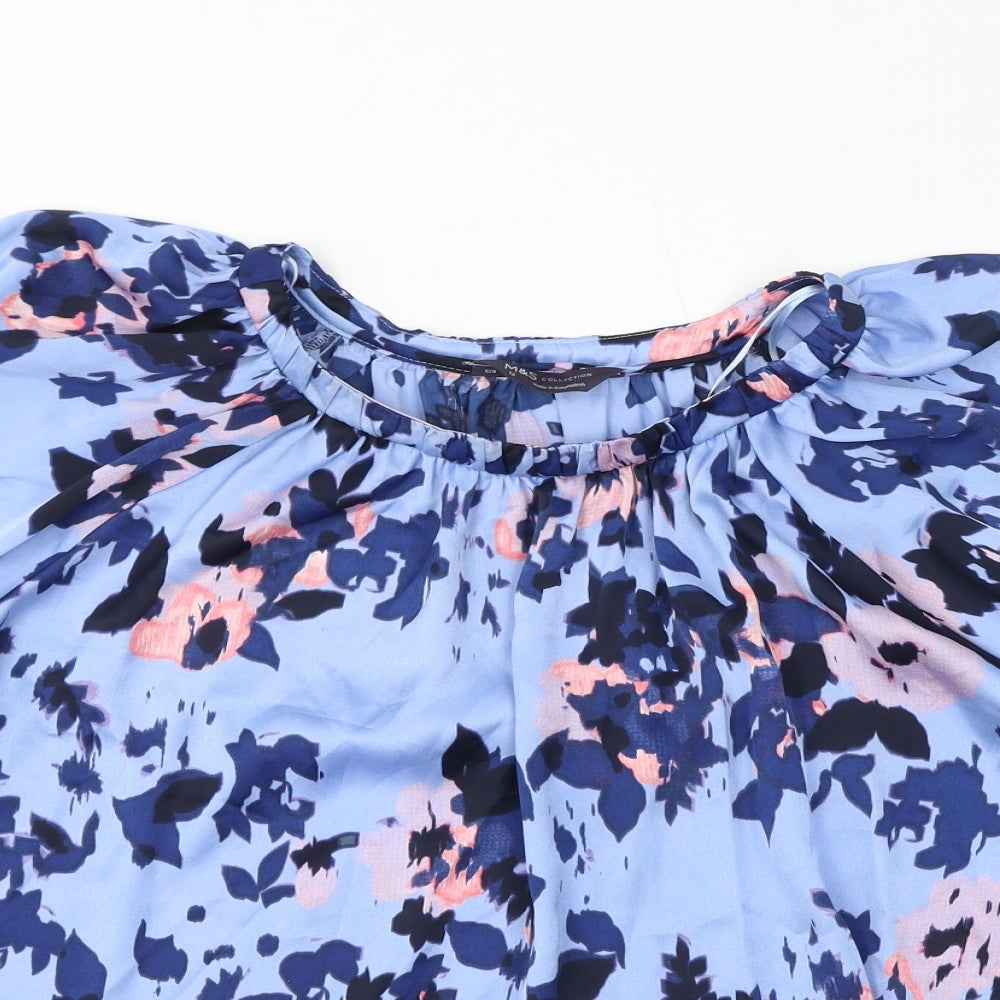Marks and Spencer Womens Blue Floral Polyester Basic Blouse Size 12 Round Neck
