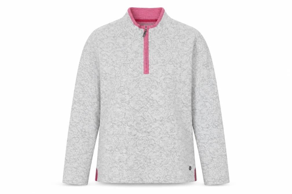 Front view of TIGI women’s grey geometric polyester pullover sweatshirt, size UK 10, pullover -, size UK 10-12, quilted