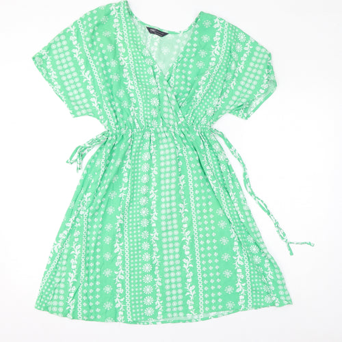 Marks and Spencer Womens Green Floral Viscose A-Line Size 6 V-Neck Drawstring