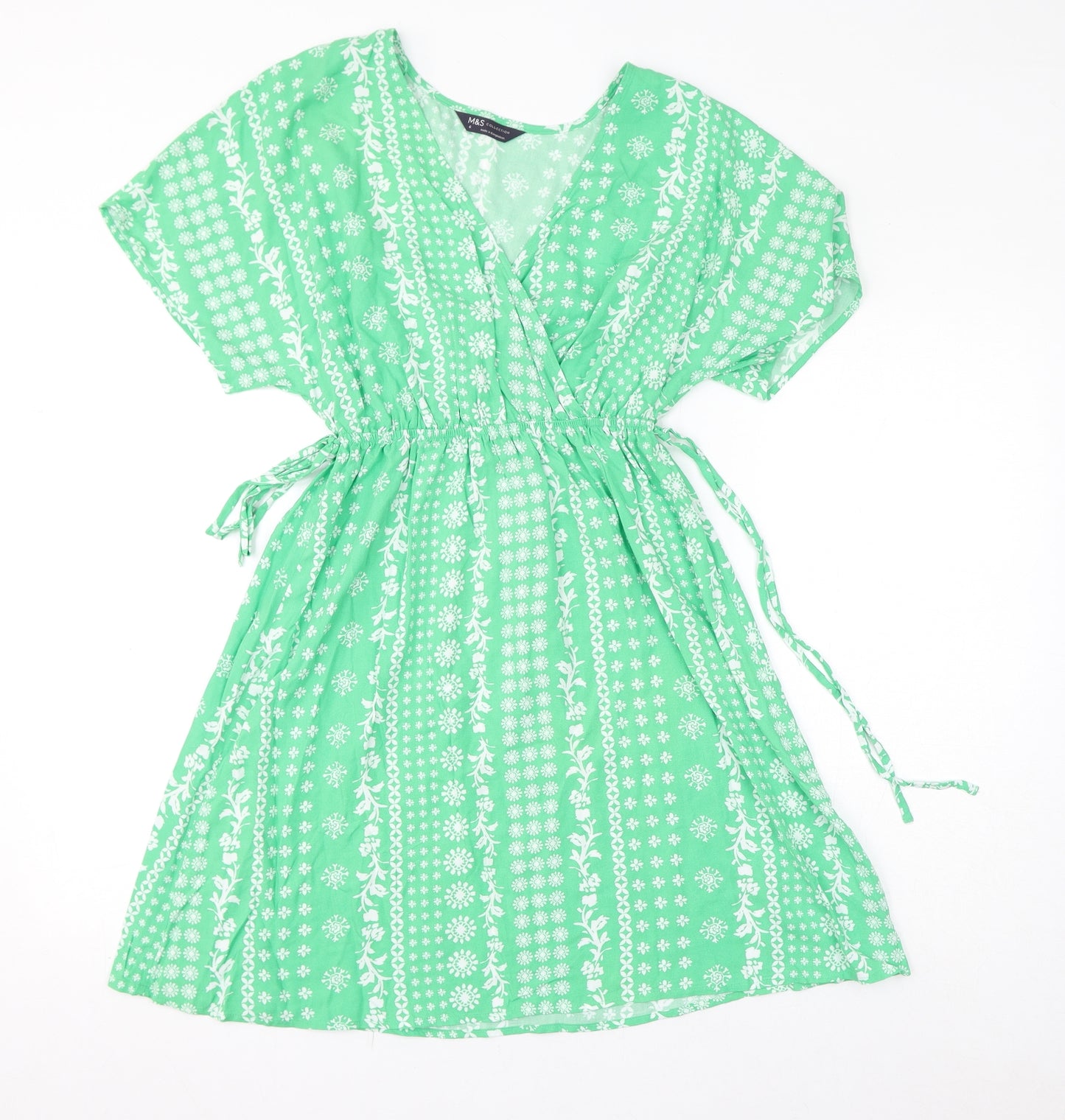 Marks and Spencer Womens Green Floral Viscose A-Line Size 6 V-Neck Drawstring