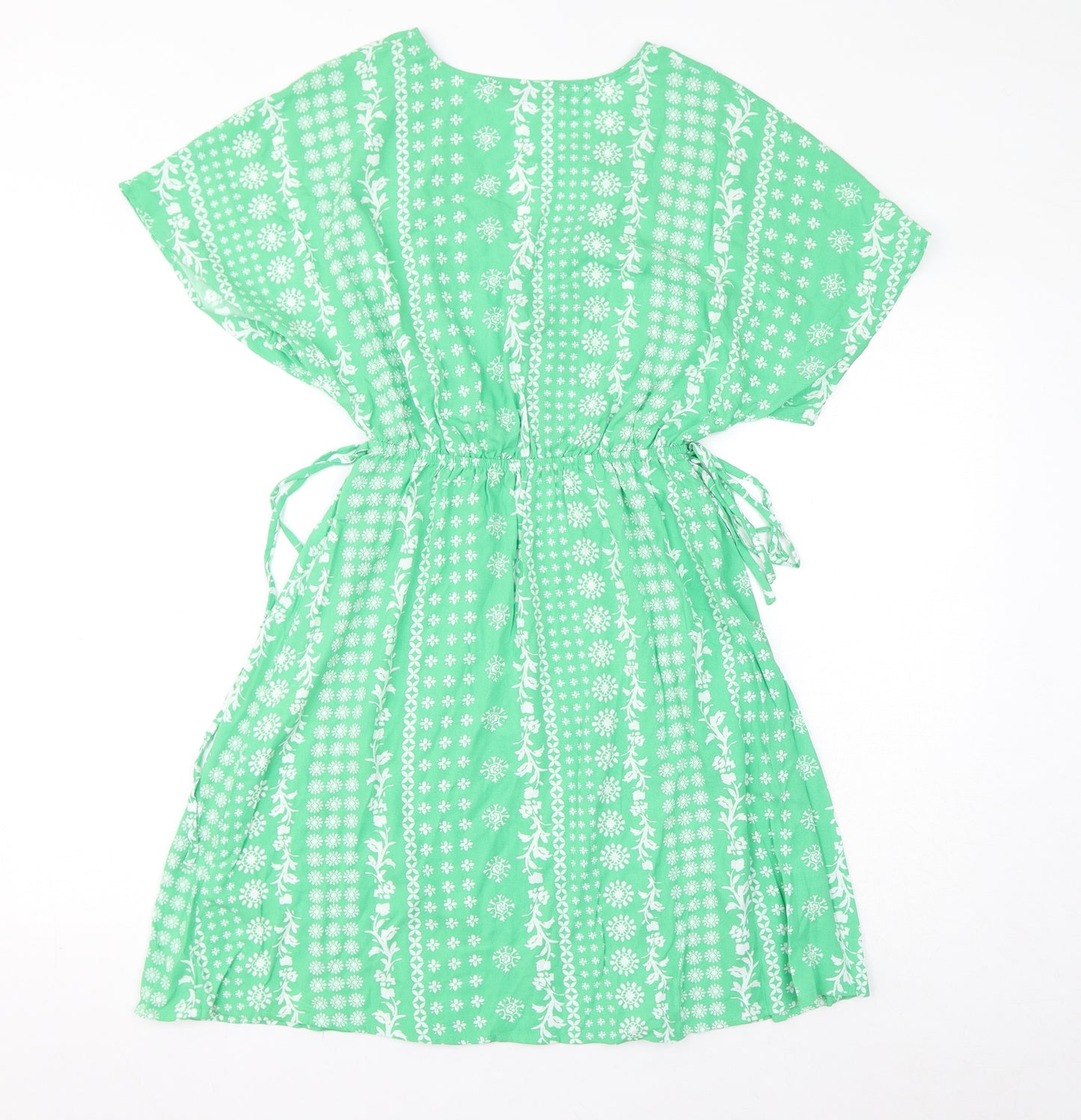 Marks and Spencer Womens Green Floral Viscose A-Line Size 6 V-Neck Drawstring
