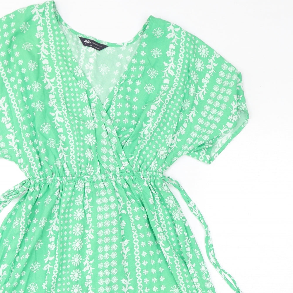 Marks and Spencer Womens Green Floral Viscose A-Line Size 6 V-Neck Drawstring