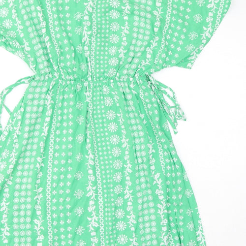 Marks and Spencer Womens Green Floral Viscose A-Line Size 6 V-Neck Drawstring