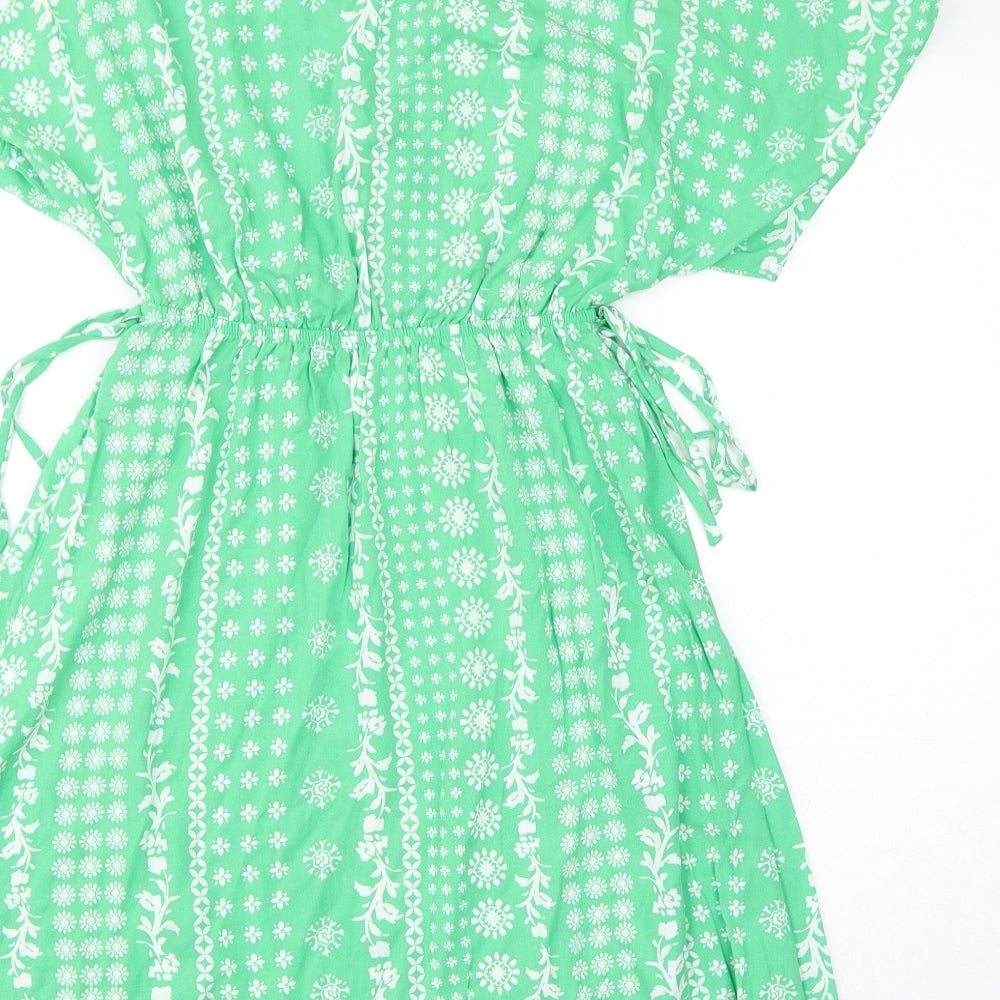 Marks and Spencer Womens Green Floral Viscose A-Line Size 6 V-Neck Drawstring