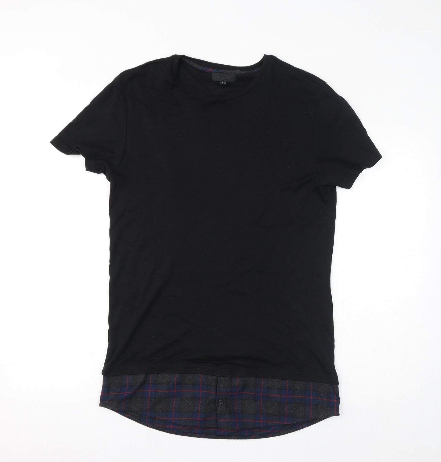 River Island Mens Black Check Cotton T-Shirt Size S Round Neck