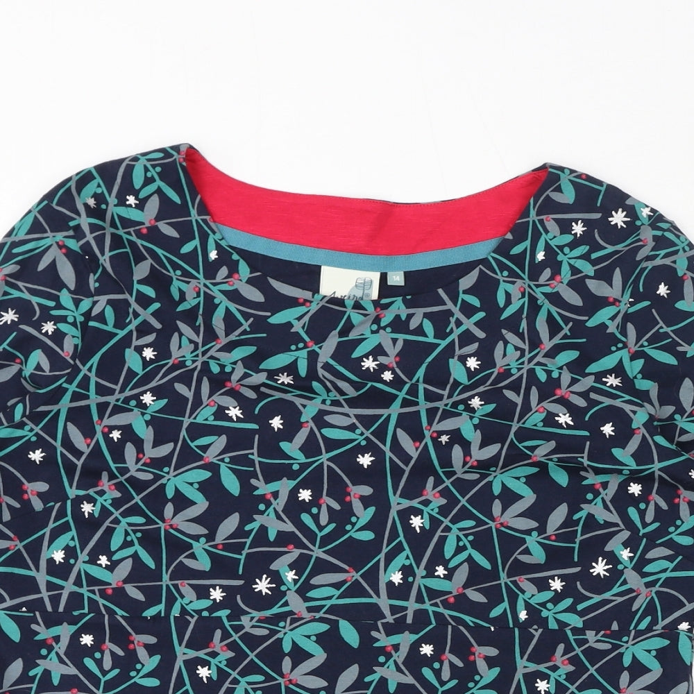 Weird Fish Womens Blue Geometric Cotton Basic T-Shirt Size 14 Round Neck - Leaves