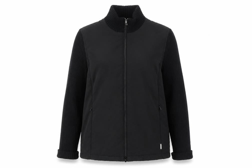Front view of Pomodoro women’s black jacket, size L, zip