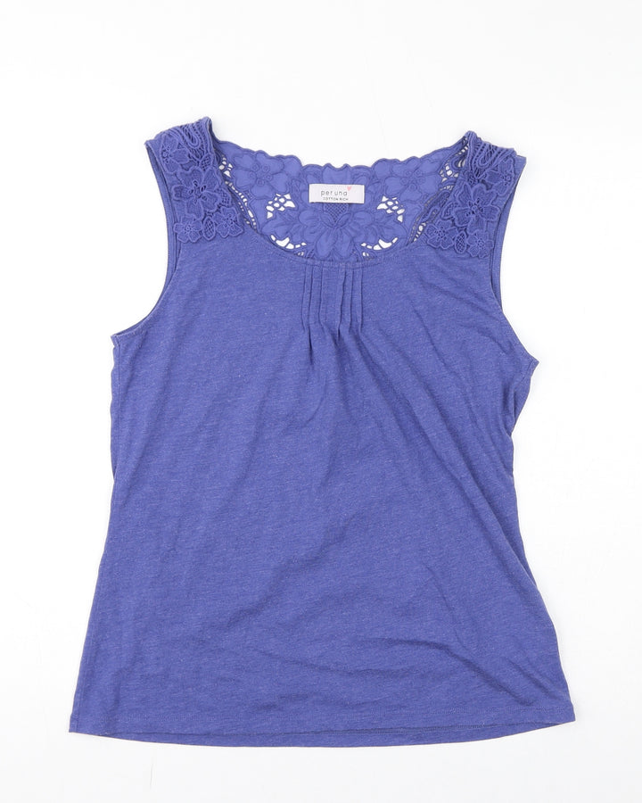 Per Una Womens Blue Cotton Basic Tank Size 10 Round Neck - Crochet Back