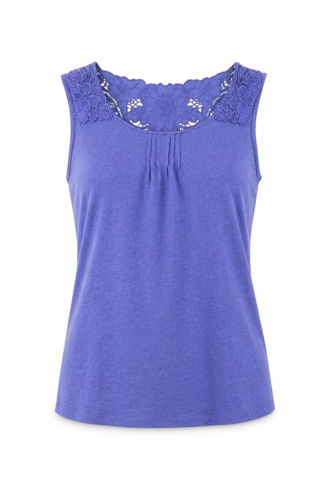 Front view of Per Una women’s blue cotton basic tank, size UK 10, round neck - crochet back
