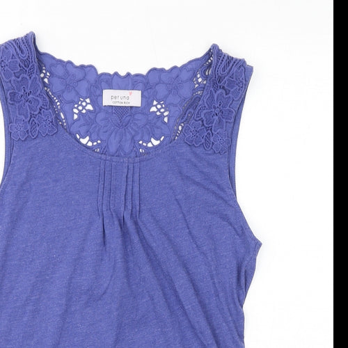 Per Una Womens Blue Cotton Basic Tank Size 10 Round Neck - Crochet Back