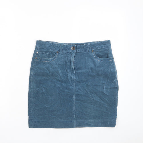 Marks and Spencer Womens Blue Cotton A-Line Skirt Size 10 Zip - Pockets, Belt Loops, Studs