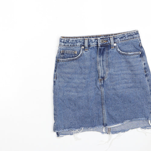 H&M Womens Blue Cotton A-Line Skirt Size 8 Zip - Distressed, Pockets, Belt Loops