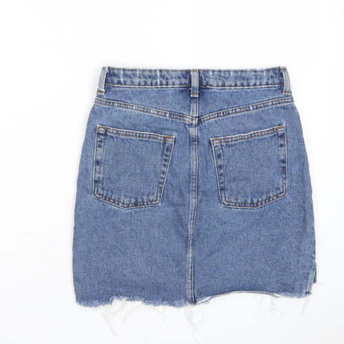 H&M Womens Blue Cotton A-Line Skirt Size 8 Zip - Distressed, Pockets, Belt Loops