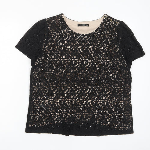 Oasis Womens Black Cotton Basic T-Shirt Size 16 Crew Neck - Buttons