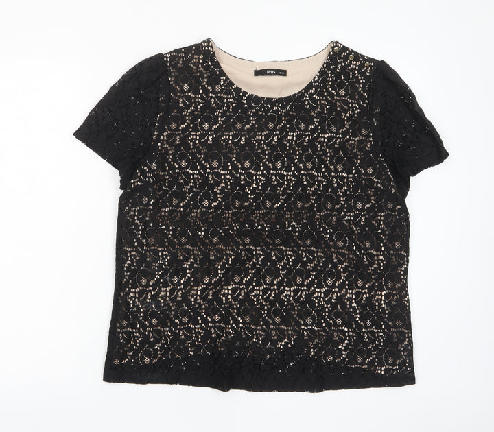 Oasis Womens Black Cotton Basic T-Shirt Size 16 Crew Neck - Buttons