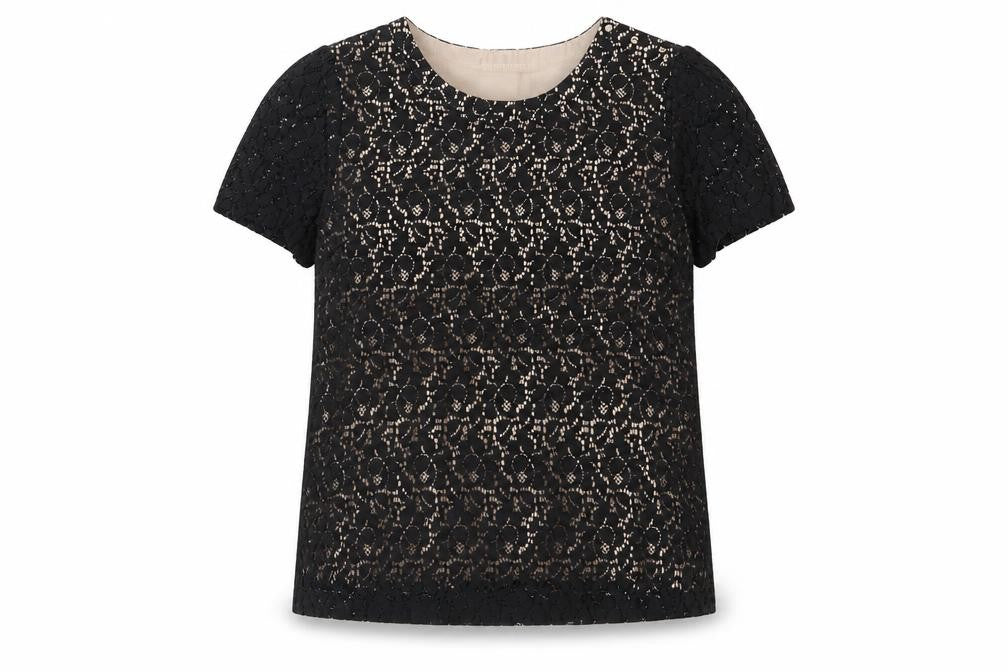 Front view of Oasis women’s black cotton basic t-shirt, size UK 16, crew neck - buttons