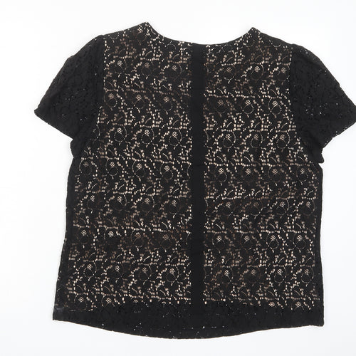 Oasis Womens Black Cotton Basic T-Shirt Size 16 Crew Neck - Buttons