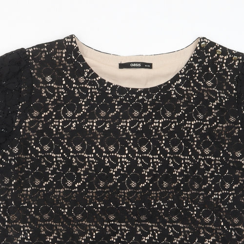 Oasis Womens Black Cotton Basic T-Shirt Size 16 Crew Neck - Buttons