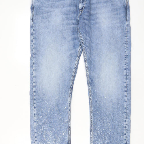 Replay Mens Blue Cotton Straight Jeans Size 36 in L30 in Regular Zip - Pockets, Belt Loops, Acid Wash Effect