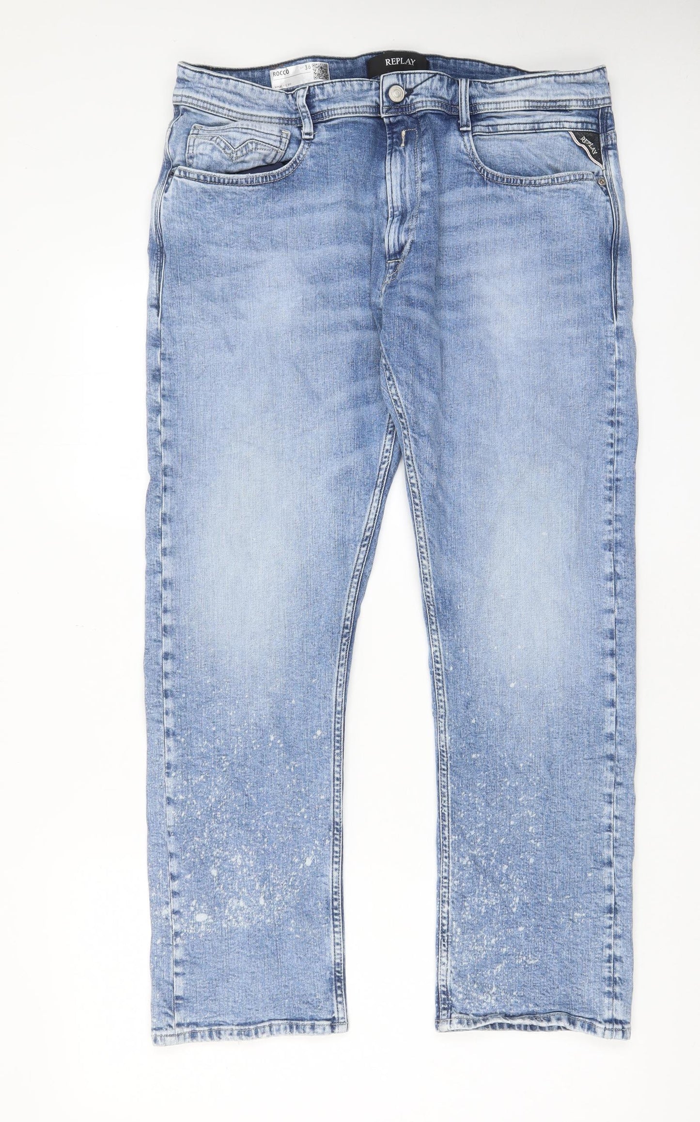 Replay Mens Blue Cotton Straight Jeans Size 36 in L30 in Regular Zip - Pockets, Belt Loops, Acid Wash Effect