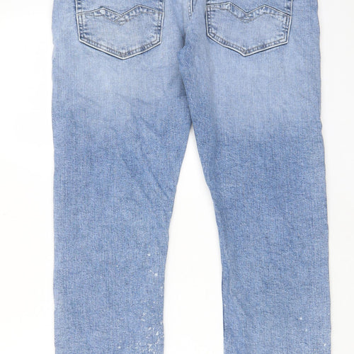 Replay Mens Blue Cotton Straight Jeans Size 36 in L30 in Regular Zip - Pockets, Belt Loops, Acid Wash Effect