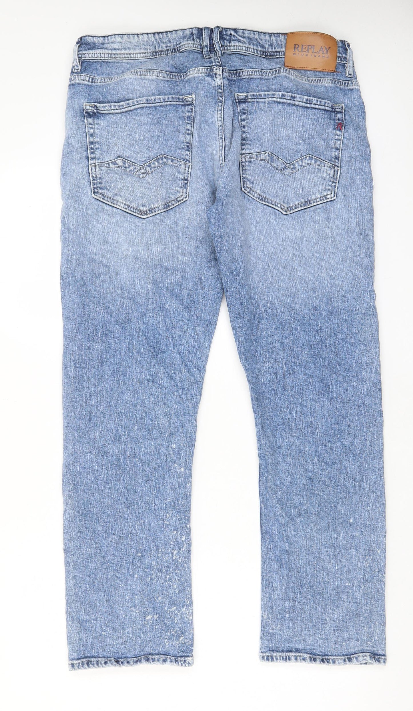 Replay Mens Blue Cotton Straight Jeans Size 36 in L30 in Regular Zip - Pockets, Belt Loops, Acid Wash Effect