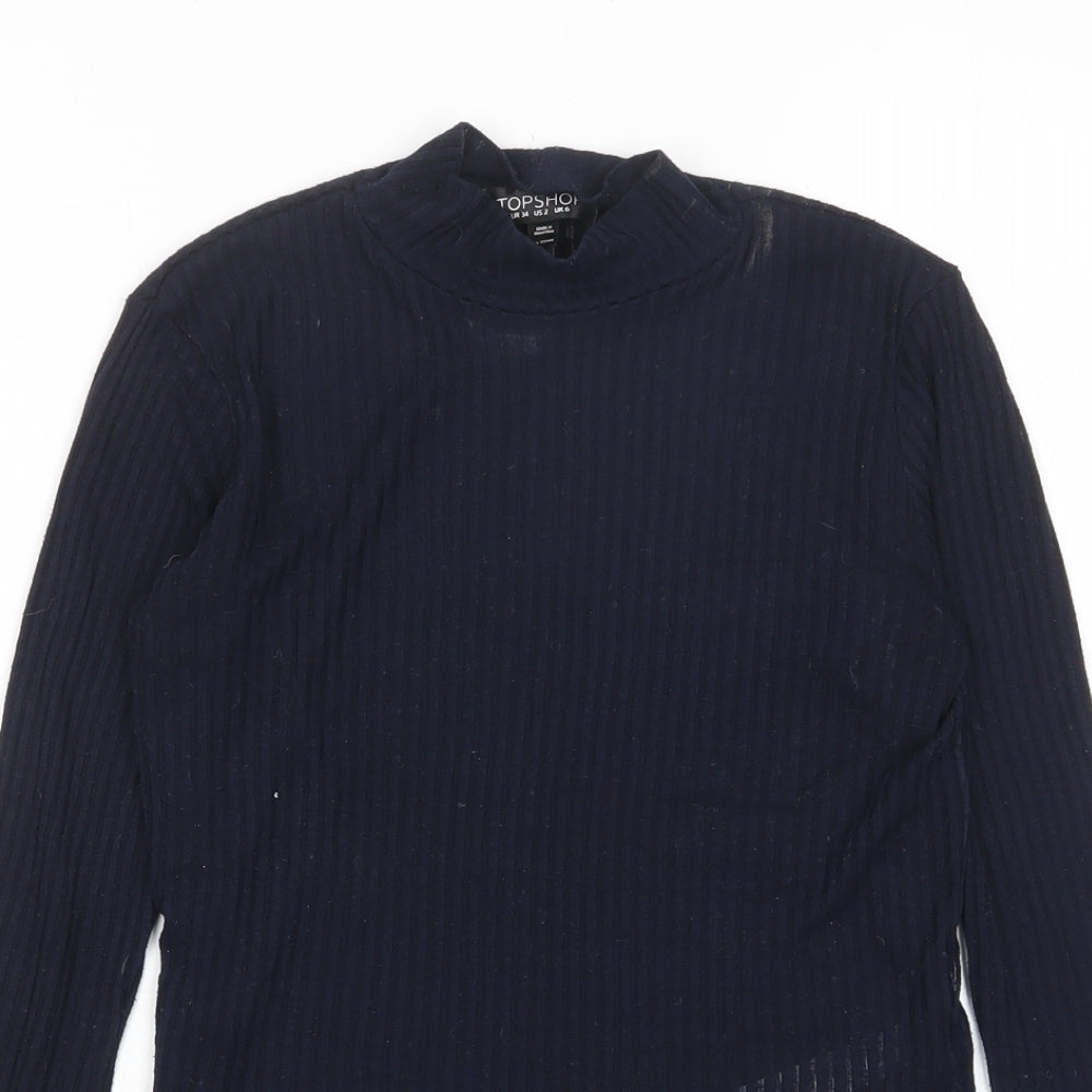 Topshop Womens Blue Polyester Cropped T-Shirt Size 6 Round Neck - Sheer