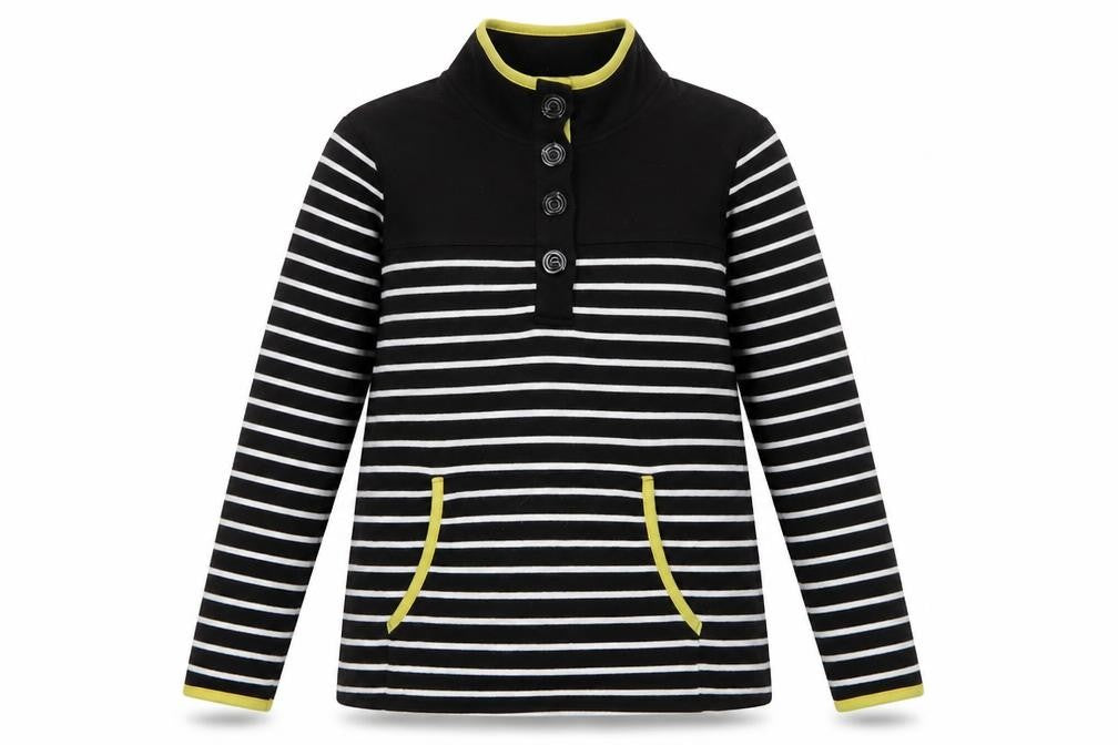 Front view of Bonmarché women’s black striped polyester pullover sweatshirt, size S, button - pockets