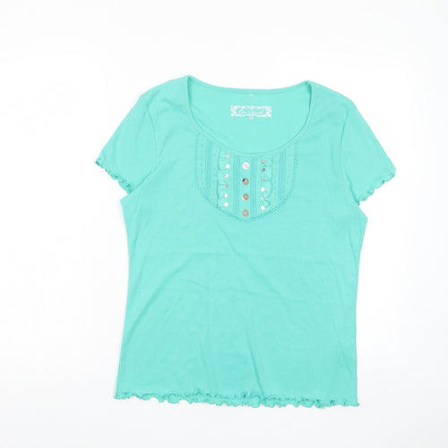 Bonmarché Womens Blue Cotton Basic T-Shirt Size M Scoop Neck - Lettuce Edging, Frill, Buttons