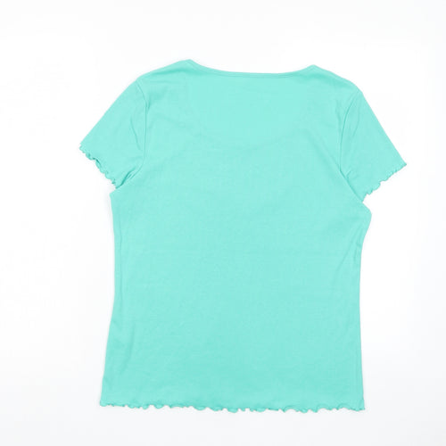 Bonmarché Womens Blue Cotton Basic T-Shirt Size M Scoop Neck - Lettuce Edging, Frill, Buttons